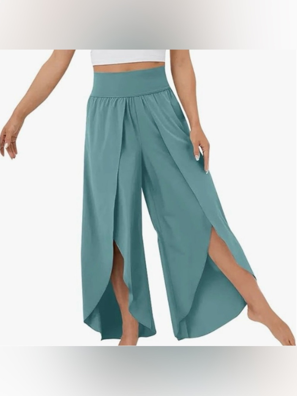 CASUAL HIGH WAIST SPLIT WIDE LEG PALAZZO PANTS STONE BLUE MUTED TEAL DANCE YOGA